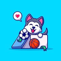lindo perro husky en caja con ilustración de icono de vector de dibujos animados de bola. concepto de icono de deporte animal vector premium aislado. estilo de dibujos animados plana
