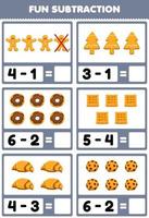 Education game for children fun subtraction by counting and eliminating cartoon food gingerbread donut waffle croissant cookie worksheet vector