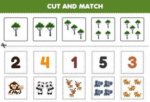 juego educativo para niños corta y combina el mismo número de hojas de trabajo imprimibles de animales de la jungla de dibujos animados lindos vector