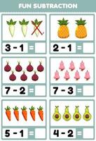 Education game for children fun subtraction by counting and eliminating cartoon fruits and vegetables radish pineapple shallot cashew carrot avocado worksheet vector