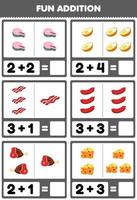 Education game for children fun addition by counting and sum cartoon food salmon egg bacon sausage beef cheese pictures worksheet vector