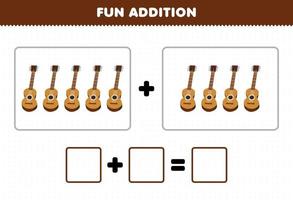 Education game for children fun addition by counting cartoon music instrument guitar pictures worksheet vector