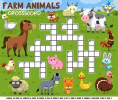 Education game crossword puzzle for learning english words with cute cartoon farm animals picture printable worksheet