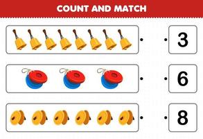 Education game for children count and match count the number of cartoon music instrument bell castanet cymbals and match with the right numbers printable worksheet vector