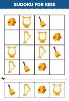 Education game for children sudoku for kids with cartoon music instrument cymbals lyre bell harp picture printable worksheet vector