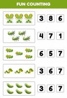 Education game for children fun counting and choosing the correct number of cute cartoon green animal frog grasshopper iguana snake caterpillar printable worksheet vector