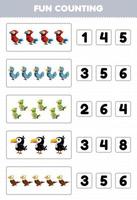 Education game for children fun counting and choosing the correct number of cute cartoon bird animal parrot dove parakeet toucan eagle printable worksheet vector