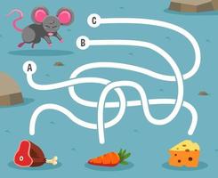 juego de rompecabezas de laberinto para niños con un lindo ratón animal de dibujos animados que buscan la hoja de trabajo imprimible de zanahoria o queso de carne de res correcta vector