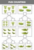 Education game for children fun counting picture in each box of cute cartoon green animal frog iguana caterpillar crocodile printable worksheet vector