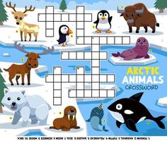 Education game crossword puzzle for learning english words with cute cartoon arctic animals picture printable worksheet vector