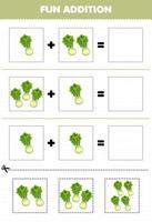 Education game for children fun addition by cut and match cartoon vegetable lettuce pictures worksheet vector