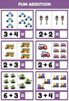 Education game for children fun addition by counting and sum cute cartoon transportation police car bus firetruck tank train locomotive pictures worksheet