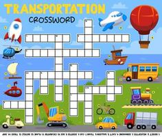 Education game crossword puzzle for learning english words with cartoon transportation picture printable worksheet