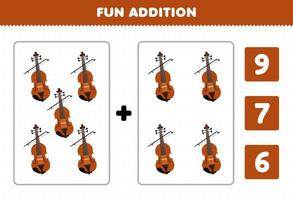 Education game for children fun addition by count and choose the correct answer of cartoon music instrument violin printable worksheet vector