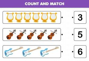 Education game for children count and match count the number of cartoon music instrument lyre violin bass and match with the right numbers printable worksheet vector