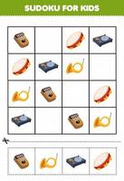 juego educativo para niños sudoku para niños con dibujos animados instrumento musical kalimba pandereta tocadiscos cuerno imagen hoja de trabajo imprimible
