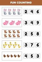 Education game for children fun counting and choosing the correct number of cute cartoon farm animal rabbit pig dog duck chicken printable worksheet vector