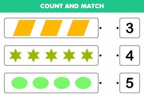 juego educativo para niños contar y combinar contar el número de formas geométricas paralelogramo estrella ovalada y combinar con los números correctos hoja de trabajo imprimible vector