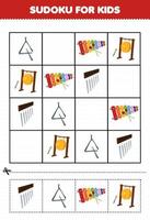 juego educativo para niños sudoku para niños con dibujos animados instrumento musical triángulo xilófono gong campanillas imagen hoja de trabajo imprimible vector