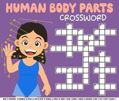 Education game crossword puzzle for learning english words with cute cartoon girl human body parts picture printable worksheet