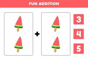 Education game for children fun addition by count and choose the correct answer of cartoon food watermelon popsicle printable worksheet vector