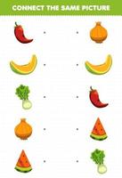 juego educativo para niños conecta la misma imagen de dibujos animados de frutas y verduras chile melón lechuga cebolla sandía hoja de trabajo imprimible vector