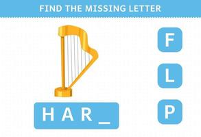 juego educativo para niños encontrar letra faltante dibujos animados instrumento musical arpa hoja de trabajo vector