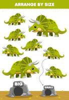 juego educativo para niños ordenar por tamaño grande o pequeño moverlo en la cueva dibujos animados lindo dinosaurio prehistórico triceratops imágenes vector