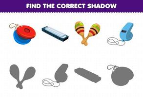 Education game for children find the correct shadow set of cartoon music instrument castanet harmonica maracas whistle vector