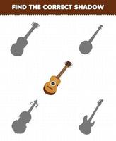 Education game for children find the correct shadow set of cartoon music instrument guitar vector