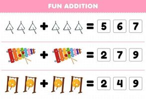 Education game for children fun addition by guess the correct number of cartoon music instrument triangle xylophone gong printable worksheet vector