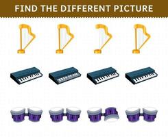 juego educativo para niños encuentra la imagen diferente en cada fila de dibujos animados instrumento musical arpa teclado bongo hoja de trabajo imprimible vector