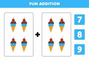 Education game for children fun addition by count and choose the correct answer of cartoon food ice cream printable worksheet vector