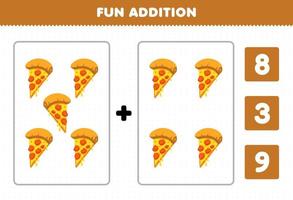 Education game for children fun addition by count and choose the correct answer of cartoon food pizza printable worksheet vector