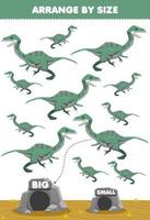 juego educativo para niños ordenar por tamaño grande o pequeño moverlo en la cueva dibujos animados lindo dinosaurio prehistórico velociraptor imágenes vector