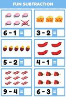 Education game for children fun subtraction by counting and eliminating cartoon food salmon cheese yam sausage bacon beef worksheet vector