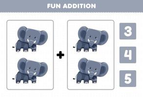 Education game for children fun addition by count and choose the correct answer of cute cartoon wild animal elephant printable worksheet vector
