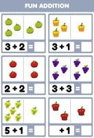 Education game for children fun addition by counting and sum cartoon tomato paprika grape pictures worksheet vector