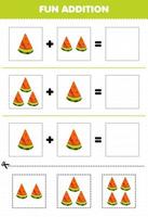 Education game for children fun addition by cut and match cartoon fruit watermelon pictures worksheet vector