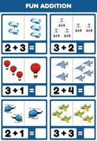 juego educativo para niños suma divertida contando y sumando dibujos animados lindo vuelo transporte avión cohete globo caza helicóptero avión fotos hoja de trabajo vector