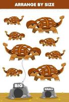 Education game for children arrange by size big or small move it in the cave cute cartoon prehistoric dinosaur ankylosaurus pictures