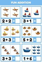 Education game for children fun addition by counting and sum cute cartoon water transportation kayak sailboat submarine ark boat ferry ship pictures worksheet vector
