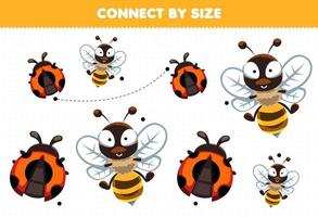 juego educativo para niños conectado por el tamaño de la hoja de trabajo imprimible de abeja y mariquita animal de dibujos animados lindo vector