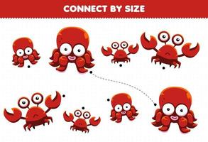 Educational game for kids connect by the size of cute cartoon animal octopus and crab printable worksheet vector