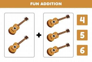 juego de educación para niños divertido además por conteo y elija la respuesta correcta de la hoja de trabajo imprimible de guitarra de instrumento musical de dibujos animados vector