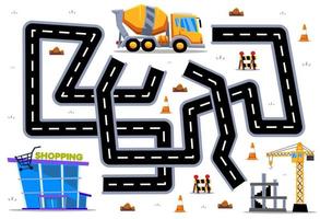 Maze puzzle game for children help cartoon heavy machine transportation concentrate mixer truck find the right path to the construction site or shopping mall vector