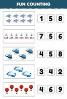Education game for children fun counting and choosing the correct number of cartoon air transportation jet fighter rocket helicopter plane balloon printable worksheet vector
