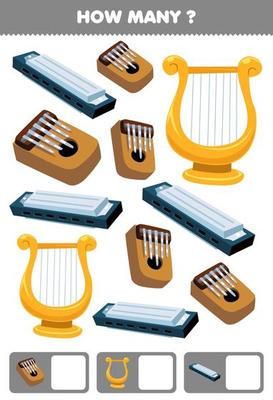 Education game for children searching and counting how many objects cartoon music instrument kalimba lyre harmonica printable worksheet