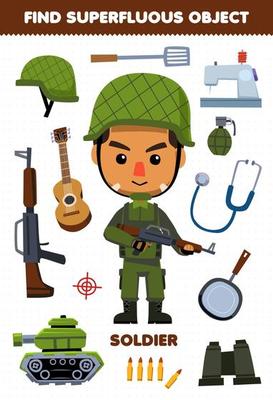 Education game for children find the superfluous objects for cute cartoon profession soldier printable worksheet