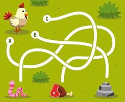 juego de rompecabezas de laberinto para niños con pollo de animal de dibujos animados lindo que busca la hoja de trabajo imprimible de carne de gusano de comida correcta o piedra vector